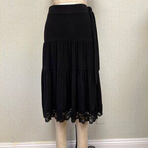 EUC Boho Tiered Black Boho Lace Trim Faux Waist Tie Small Petite Skirt